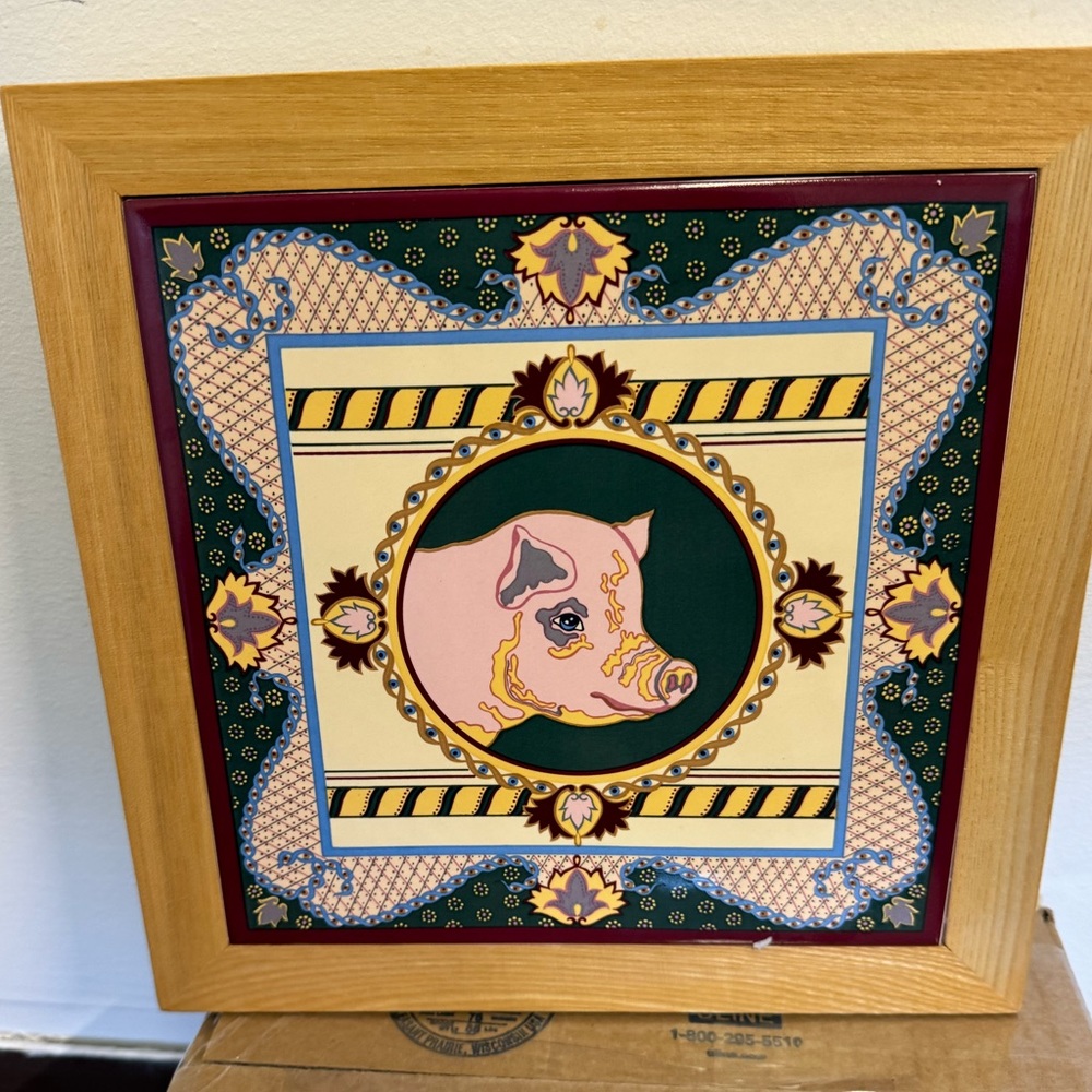 Sigma Tastesetter 10" Framed Ceramic Pig Tile Trivet / Wall Hanging Hand Decorat